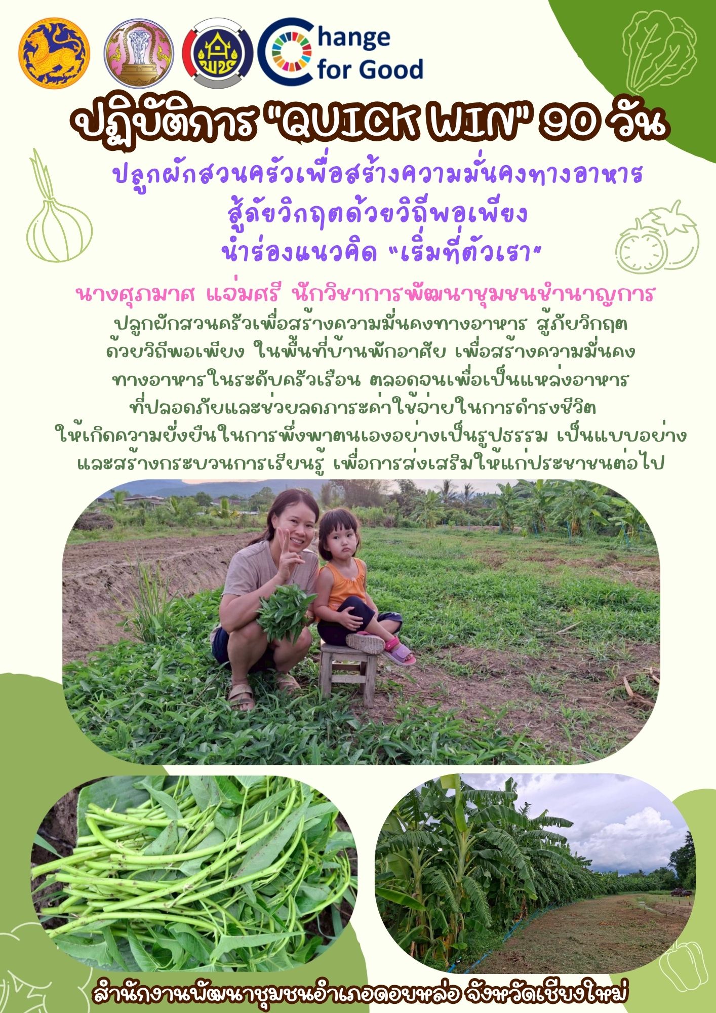 พช.ดอยหล่อ : น้อมนำแนวพระราชดำริฯ กิจกรรม “Quick Win” 90 วัน ปลูกผักสวนครัว สร้างความมั่นคงทางอาหาร นำร่องแนวคิด “เริ่มที่ตัวเรา”