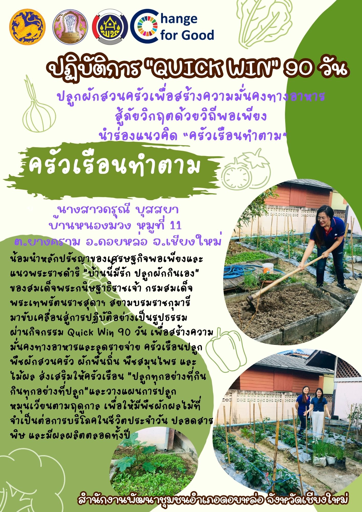 พช.ดอยหล่อ : ขับเคลื่อนกิจกรรม “ครัวเรือนทำตาม” ขยายผลปฏิบัติการ Quick Win 90 วัน ปลูกผักสร้างความมั่นคงทางอาหาร สู้ภัยวิกฤตโลก